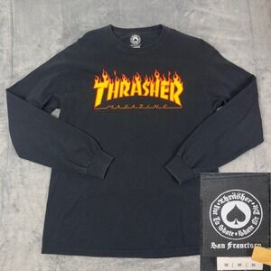 Vtg Thrasher Magazine Flame Logo Long Sleeve T Shirt Black Mens Size Medium